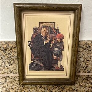 Vintage Norman Rockwell Doctor and Doll Framed Art Print Wooden Frame Americana